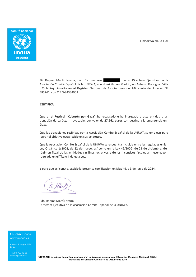 Imagen del certificado emitido por la UNRWAA
